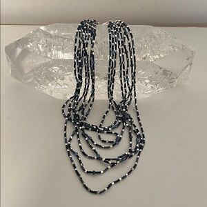 White House Black Market Elegant Beaded Necklace in Navy Blue and Silver